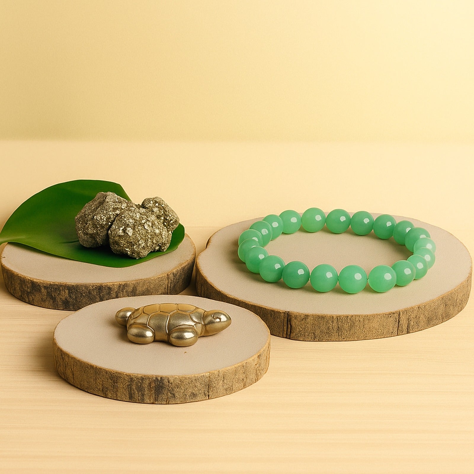 Wealth Magnet Trio – Raw Pyrite cluster , Gold Hematite Turtle & Green Aventurine Bracelet