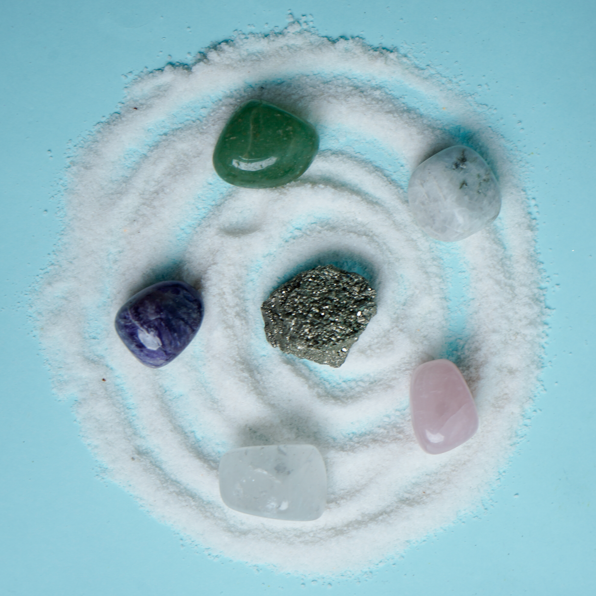 Mixed Healing Crystal Tumbles Combo – Rose Quartz, Pyrite, Amethyst, Moonstone, Clear Quartz & Green Aventurine