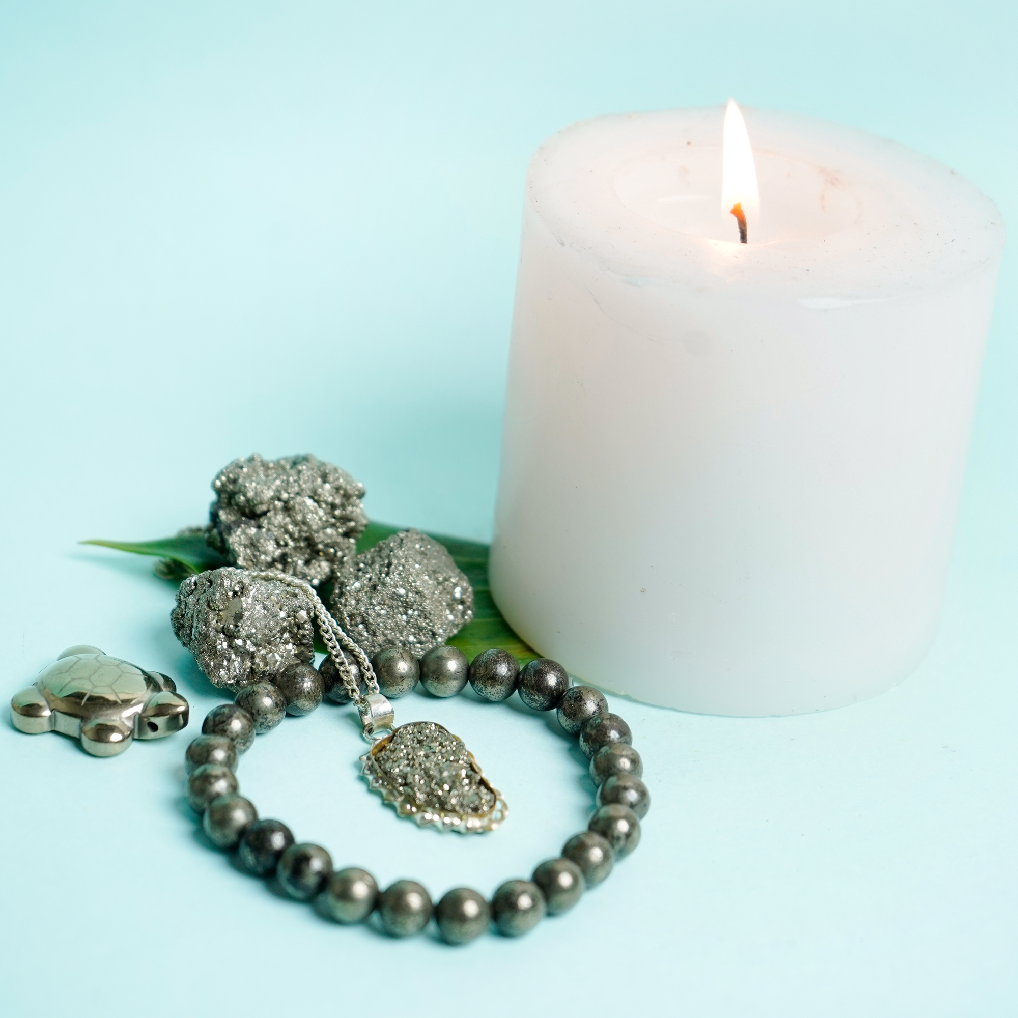 Maha Pyrite Combo – Pendant, 3 Clusters, Bracelet & Turtle