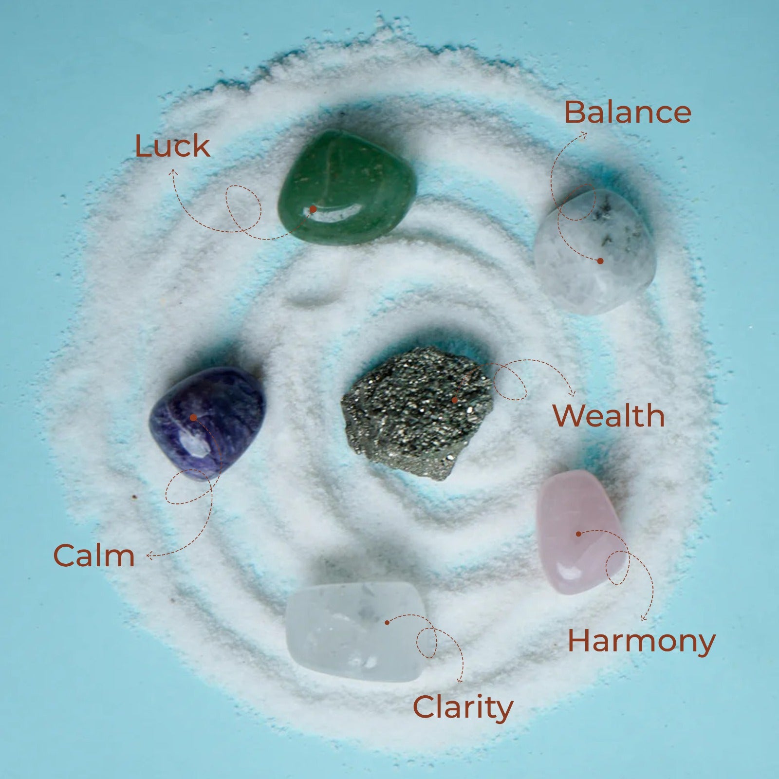 Mixed Healing Crystal Tumbles Combo – Rose Quartz, Pyrite, Amethyst, Moonstone, Clear Quartz & Green Aventurine