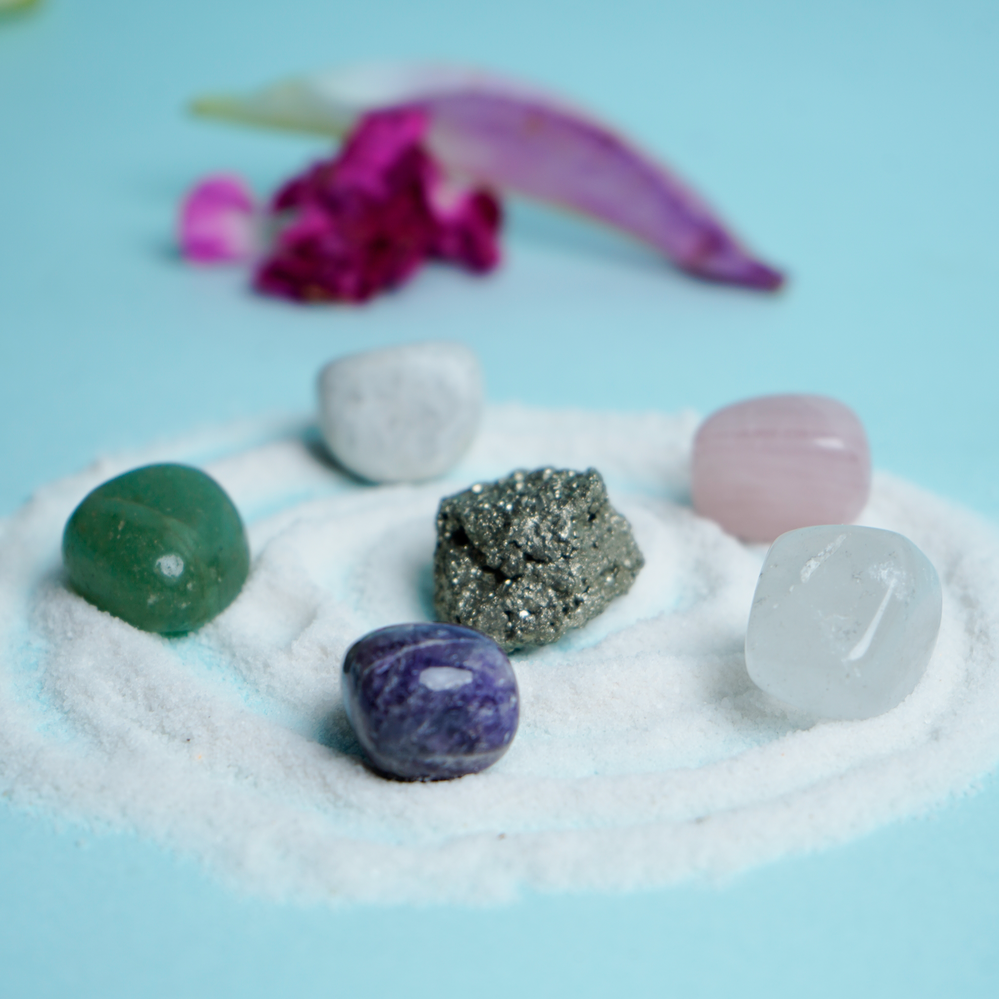 Mixed Healing Crystal Tumbles Combo – Rose Quartz, Pyrite, Amethyst, Moonstone, Clear Quartz & Green Aventurine