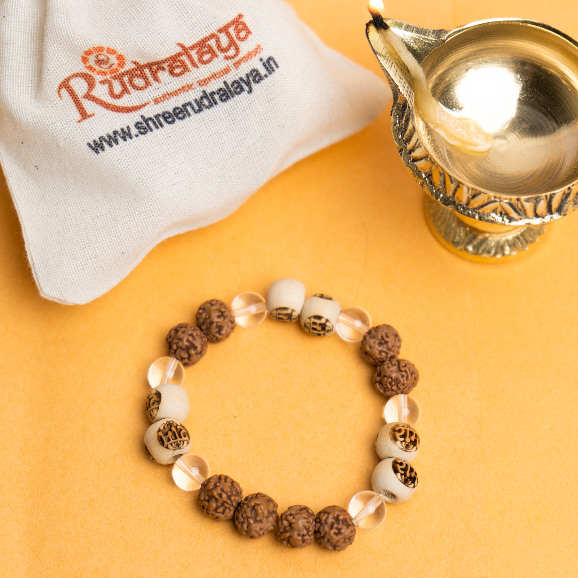 Natural Rudraksha, Sphatik Crystal & Raam Wood Bracelet