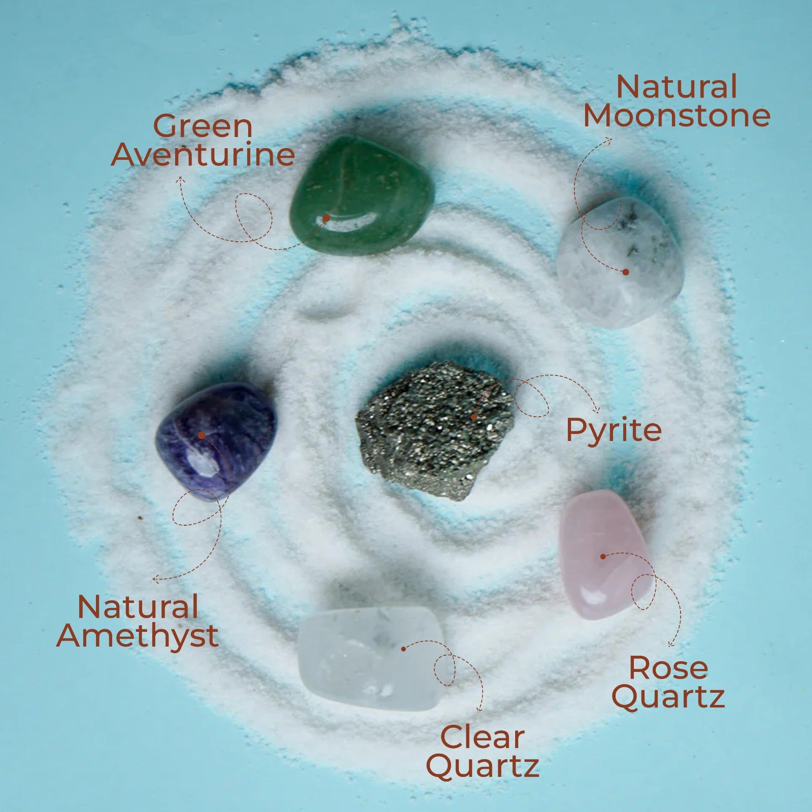 Mixed Healing Crystal Tumbles Combo – Rose Quartz, Pyrite, Amethyst, Moonstone, Clear Quartz & Green Aventurine