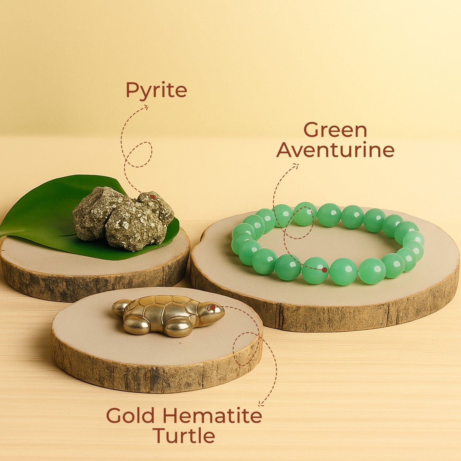 Wealth Magnet Trio – Raw Pyrite cluster , Gold Hematite Turtle & Green Aventurine Bracelet